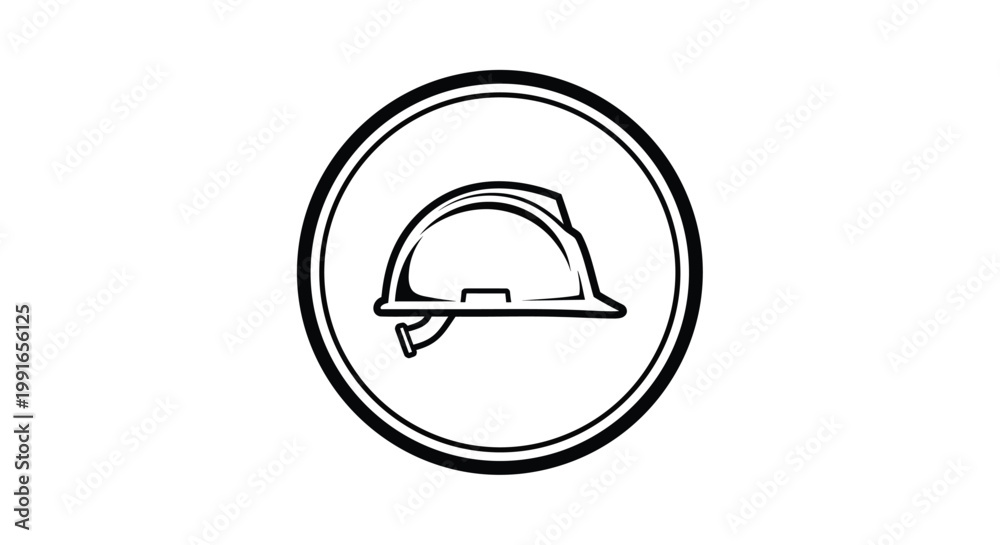 Fototapeta premium Industrial safety helmet vector icon, construction hard hat symbol in circular frame, black and white protective headwear illustration, professional work safety equipment graphic element