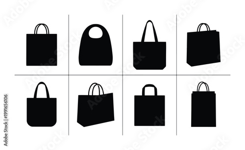 Shopping bag silhouette icons, black tote bag vector set of 8 elements, reusable eco friendly grocery bag shapes for retail and fashion design