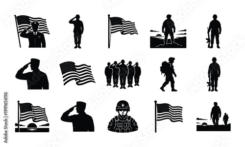 Military soldier silhouette icons set, patriotic American flag and veteran army elements, 15 black vector graphics for Memorial Day and Veterans Day