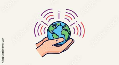 Hands holding a glowing world globe with wireless communication signals.