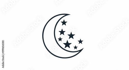 Simple line art of a crescent moon with several stars around it