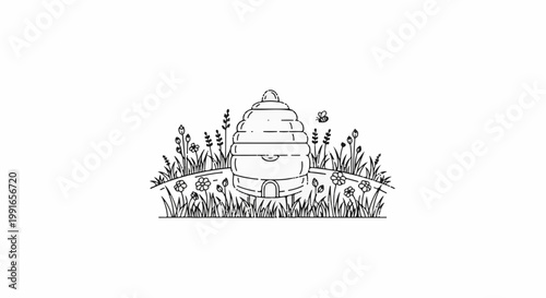 Simple line drawing of a beehive with flowers and a bee in a field