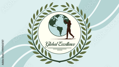 Vector illustration of globe badge with laurel wreath and Global Excellence text. Corporate award emblem, business achievement, success recognition, quality certification, and prestige concept.
