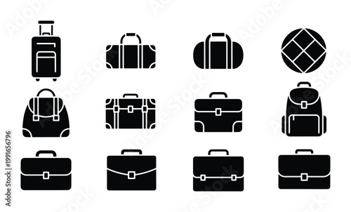 Minimalist travel luggage and bag icons, black solid vector set of 12 suitcase and briefcase symbols, professional business baggage collection
