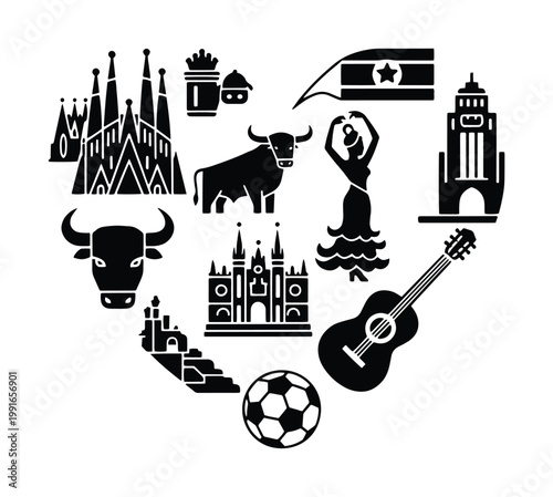 Spanish culture icons set in heart shape, black silhouette travel symbols of Spain, traditional landmarks and flamenco dancer vector illustration