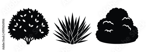 Black bush silhouette icons set, garden shrub and hedge vector elements, minimalist landscape plant silhouettes for architectural site plans