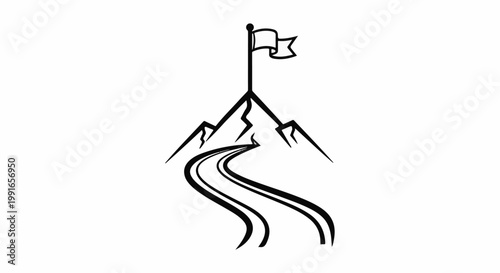Stylized black and white mountain summit with a winding road and a flag