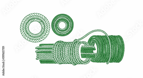 Several coiled and bundled ropes in green hues against a white background