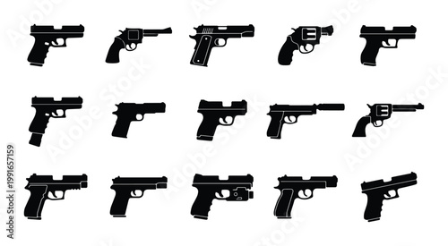 Black handgun silhouette icons set, collection of 15 pistol and revolver vector illustrations, modern firearm and weapon graphic elements for security