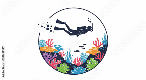 Scuba diver explores colorful coral reef with small fish