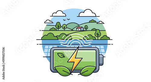 Illustration of a green energy battery icon with leaves and lightning bolt.