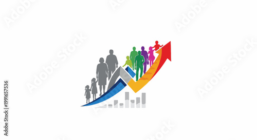 Silhouetted figures ascend a colorful upward trending graph