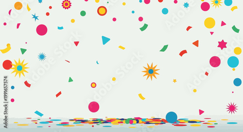 Colorful festive confetti falling and scattered on white background.