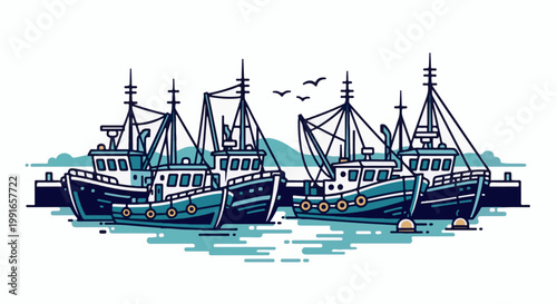Several fishing boats docked in a harbor under a pale sky