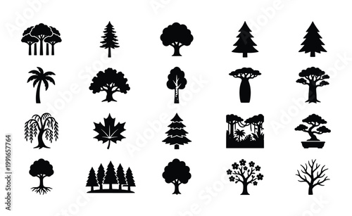 Minimalist tree silhouette icons, set of 20 nature symbols and forest plant vectors, black botanical shapes for landscape design and mapping