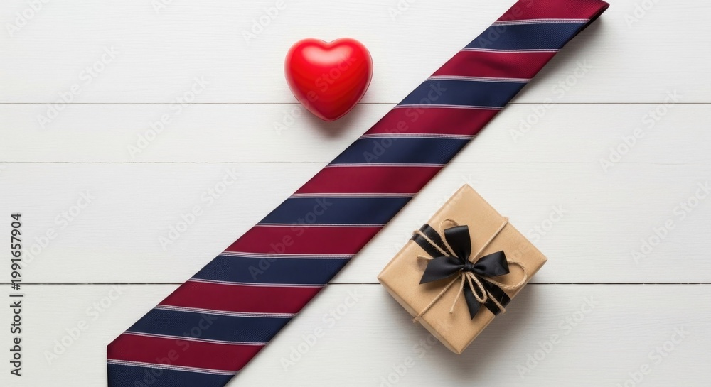 Fototapeta premium Father's day gift ideas red tie heart and small present on white wood