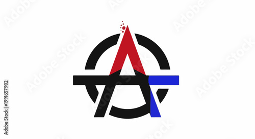Stylized anarchism symbol with red 'A', black circle, and blue accents