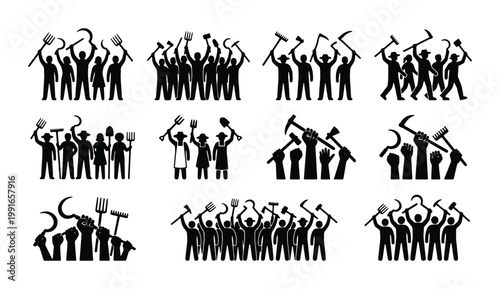 Foto Protesting farmers silhouette set, angry mob of peasants with pitchforks and scy