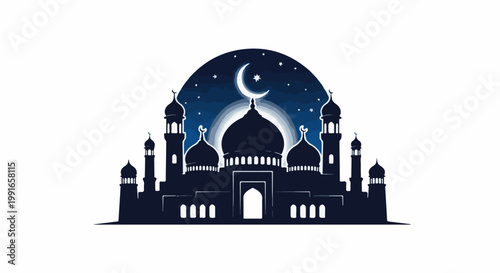 Silhouette of a grand mosque against a starry night sky with a crescent moon