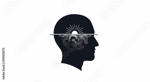 Silhouette of a head with sunrise and brain submerged in water
