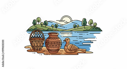 Serene landscape with crafts by a lake and hills under a gentle sun