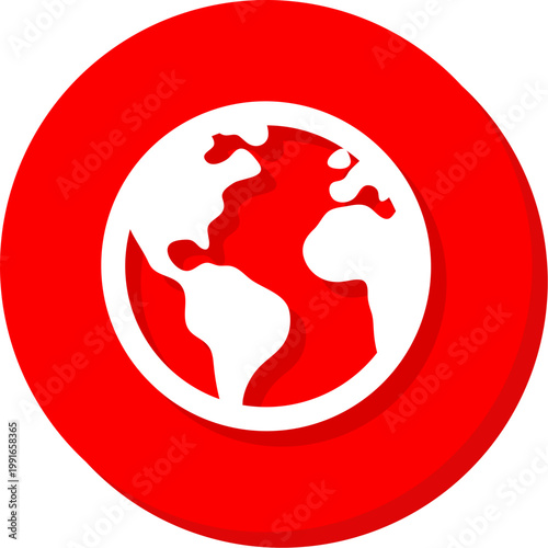 White planet earth globe symbol on red circular background for global and travel apps
