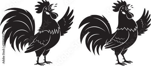 Two black silhouette roosters with detailed feathers and crests standing upright one with a raised wing and open beak the other similar against a white background animal behavior line art standing