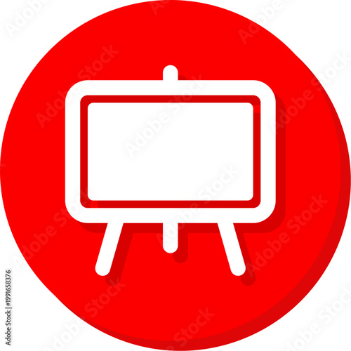 White art easel board icon on red circular button for education and presentation design