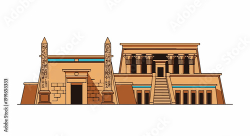 Stylized ancient Egyptian temple complex with obelisks and hieroglyphs