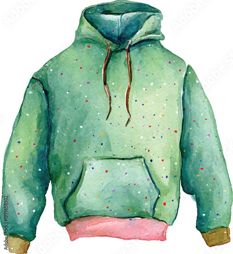 Green hooded sweatshirt with colorful dots.