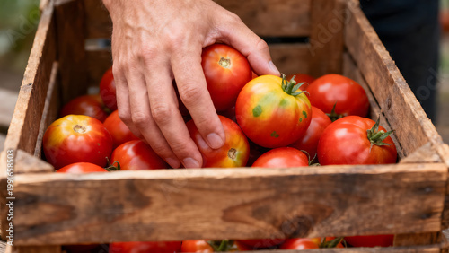 Hand placing ripe tomatoes into wooden crate
