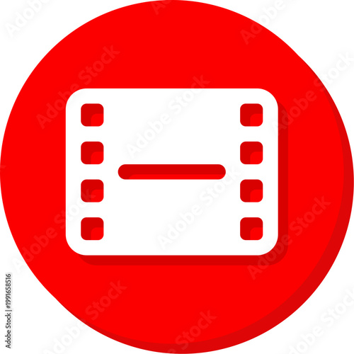 White movie film strip symbol on red circular background for cinema and video apps