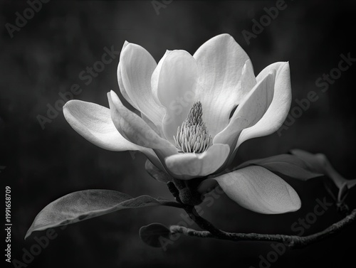 A stunning black and white photograph showcases the intricate details and delicate beauty of a magnolia blossom, highlighting its layered petals and subtle textures.