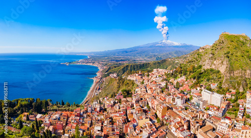 Εκτύπωση καμβά Taormina city, Etna volcano aerial panoramic view, Sicily