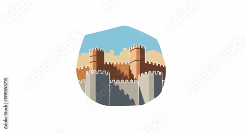 Stylized ancient fort with crenellated walls and towers under sky
