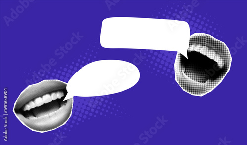 Halftone speech retro for lips bubble vintage and visual newspaper cutout. Graphic element energetic for dialog scream discussion and effect design open. Halftone shape poster for lips sticker.
