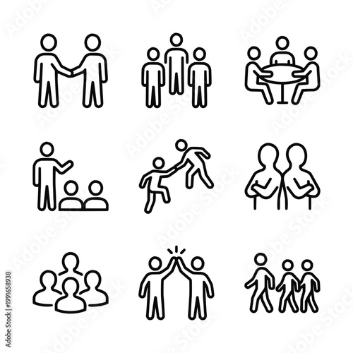  Teamwork and Social Interaction Outline Icons Set — Handshake, Partners, Meeting, Mentor, Helping Hand, Friends, Group, High Five, Walking Together