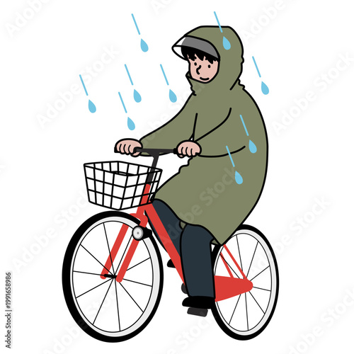 雨の中をカッパを着て自転車の運転をする人物のベクターイラスト