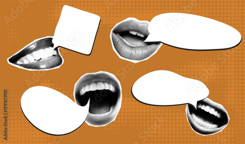Halftone speech retro for lips bubble vintage and visual newspaper cutout. Graphic element energetic for dialog scream discussion and effect design open. Halftone shape poster for lips sticker.