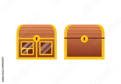 Two wooden treasure chests with gold trim isolated on transparent background