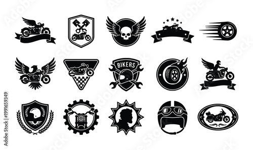 Vintage motorcycle club emblems and biker badges, 15 black vector icons with skulls and wings, retro garage and custom shop logo collection