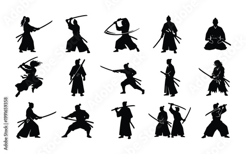 Japanese samurai silhouette set, 15 warrior icons with katana swords, traditional ronin and ninja fighter vector collection for martial arts design
