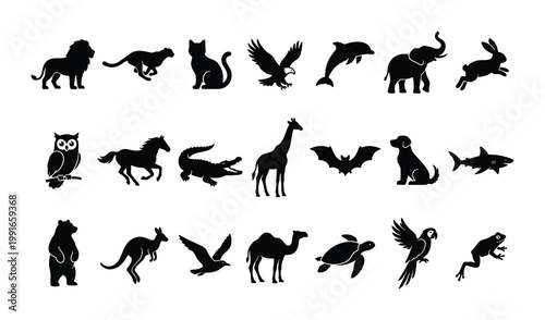 Black animal silhouettes collection, 21 wildlife and pet vector icons, minimalist zoo and nature creature set for logo design and infographics
