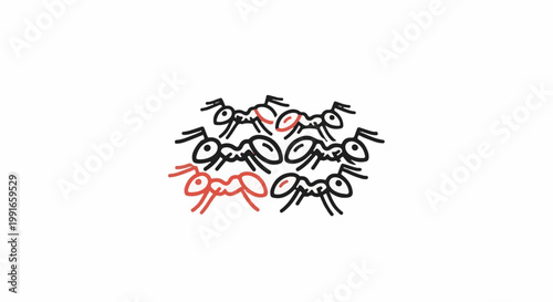 Stylized ants, some in red, gather in a circular formation on white