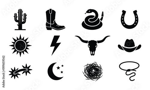Western wild west icons set, black silhouette cowboy elements vector, rustic desert ranch symbols including cactus, horseshoe, and longhorn skull