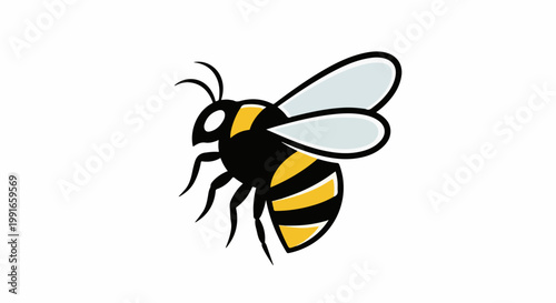 Stylized black and yellow bee with translucent wings on white background