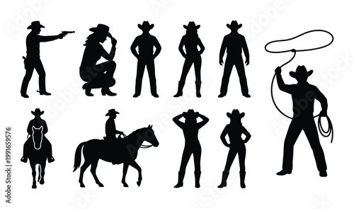 Western cowboy silhouettes set, black rancher and cowgirl figures with horses and lasso, wild west character vector collection for rodeo posters