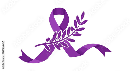 Purple awareness ribbon with olive branch illustration.