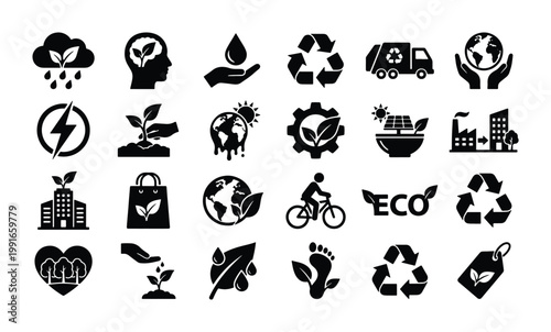 Eco friendly icon set, 24 black silhouette environmental symbols, sustainable energy and recycling vector elements for green business branding
