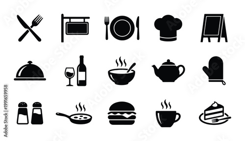 Restaurant and kitchen icon set, 15 black flat vector symbols for cafe menu design, culinary and dining equipment collection for food service